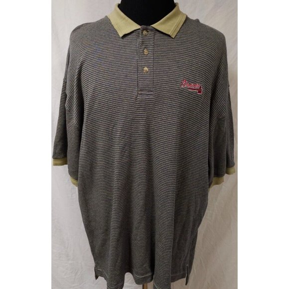Vtg Atlanta Braves XL Tan Blue Short Sleeve Genuine Pro Edge MLB Polo Shirt 90's - Picture 1 of 11